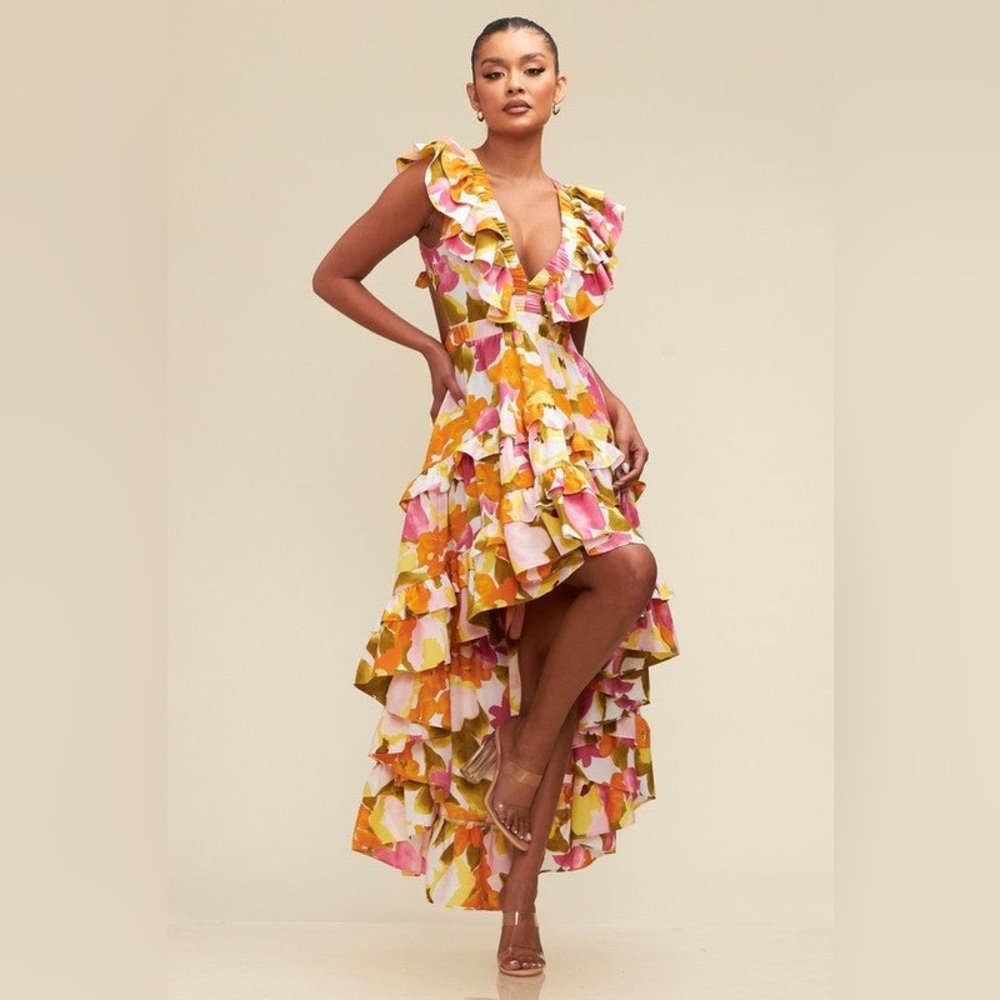 Ruffled High-Low Floral Maxi Dress in Pink & Yellow